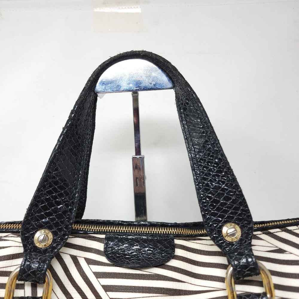 Henri Bendel Laptop Bag Disturbed Stripe Brown Black Canvas Leather Briefcase - Picture 11 of 16